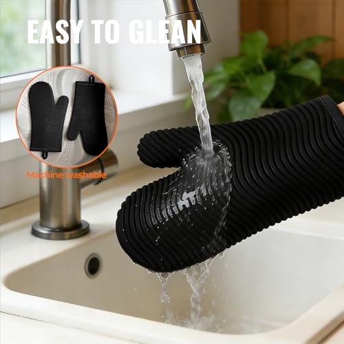 Silicone Oven Mitts (2PCS-12"L x 7"W/BLACK-WAVE SURFACE)