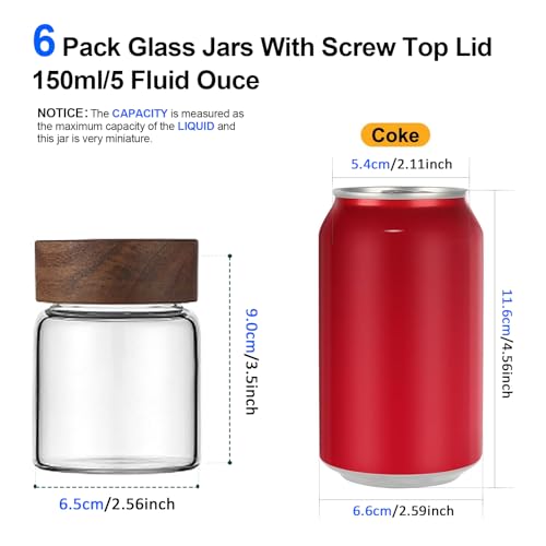 6 pc Glass Spice jars Glass Jars with Screw Lid 5 oz Acacia Wood Glass Herb Sugar Coffee Bean Ground Container Food Storage Canister for Candy Pantry Tea Seasoning Meal Prep Snack (6*150ml(5oz))