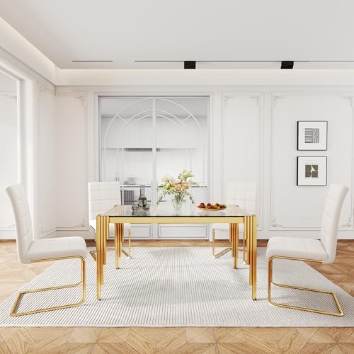 53'' Glass Dining Table Set for 4 (5PCS-52.76” L x 33.07” W x 29.53” H / Clear Gold - White Chair)