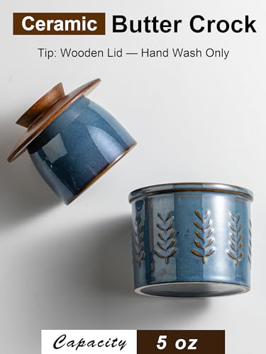 Ceramic Butter Crock with Lid for Countertop (Blue / Leaf-3.94"dia)