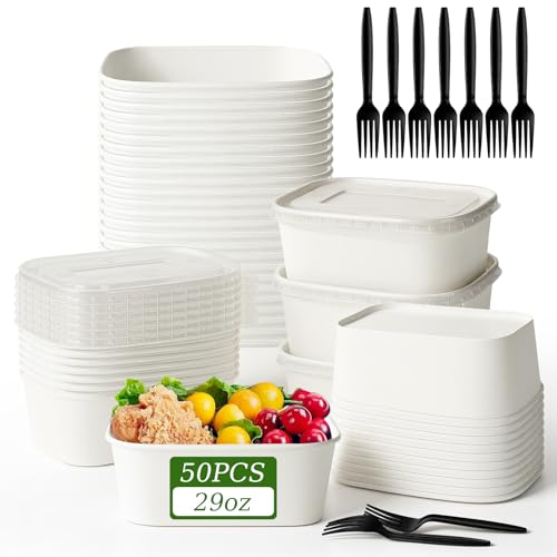 50 Pack 29oz Disposable Meal Prep Containers with Lids & Forks (29oz 50 Count / White Kraft Paper)