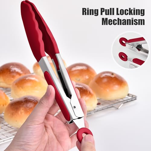 Kitchen Tongs with Silicone Tips for Cooking Serving (7in / Red)