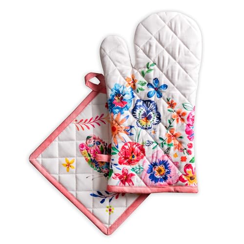 100% Cotton Oven Mitt & Pot Holder Set (052 - Happy Florals - High Summer / 7.5" x 13" & 8" x 8" (Oven Mitt & Pot Holder))