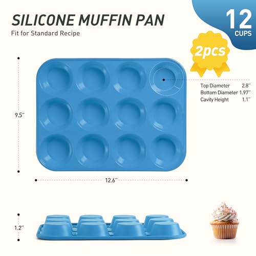 2 Pack 12 Cups Silicone Muffin Pan with Metal Reinforced Frame Regular Size Silicone Molds Cupcake Cake Baking Pans Cookie Baking Chocoflan Cupcake Mold Muffin Tin Tart Pans Necessities Cookware (2pc: 12-Cup Regular / Blue)