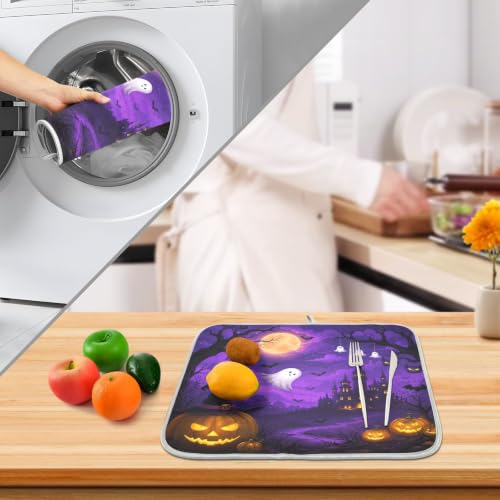 Halloween Scary Night Pumpkin Lanterns Purple Castle Dish Drying Mat for Kitchen Counter Absorbent Microfiber Large Drying Pad Dish mats for Kitchen Countertops 18 x 24 Inch (Halloween Scary Night / 24" x 18")