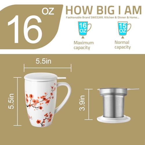 Sweejar Porcelain Tea Mug with Infuser and Lid (Plumblossom / Tea Cup(16 Fl Oz))