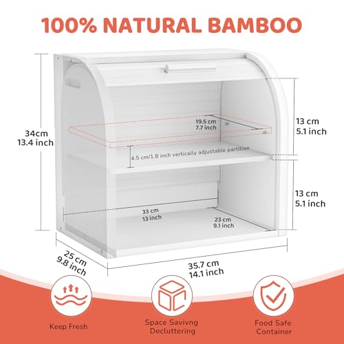 2 Tier Bamboo Bread Box for Kitchen Counter (White / Large)