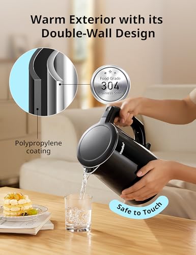 Stainless Steel Double Wall Electric Kettle 1.5L (1.6 Quarts / Metal Black)