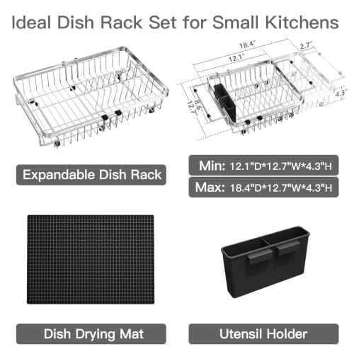 Expandable Dish Drying Rack Over Sink with Extra Drying Mat (Silver / For 13"-30" W Sink with Mat)