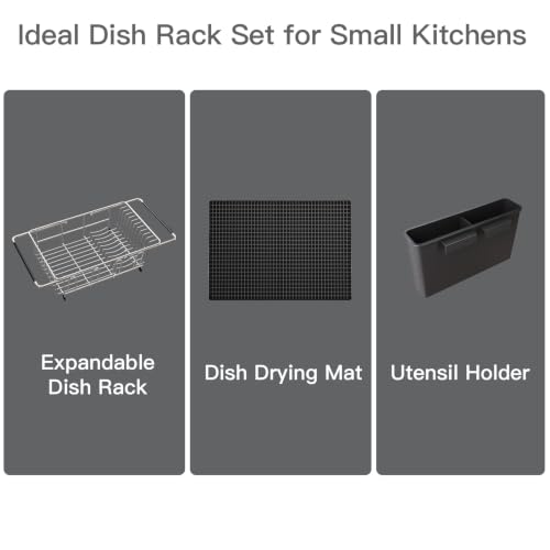 Expandable Dish Drying Rack Over Sink with Extra Drying Mat (Silver / For 11.5"-16" W Sink with Cup Holder & Mat)