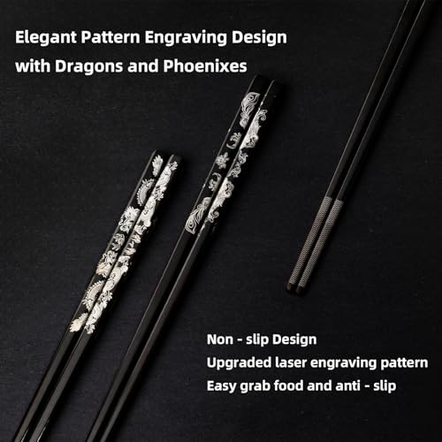 Dragon & Phoenix Black Stainless Steel Chopsticks (Titanium Plating)