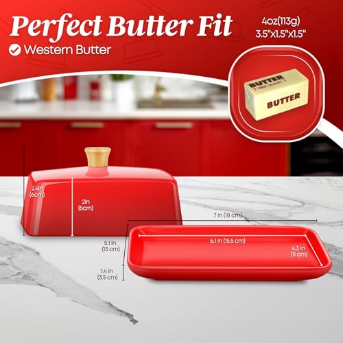 Large Ceramic Butter Dish with Lid for Countertop (Red / Large)