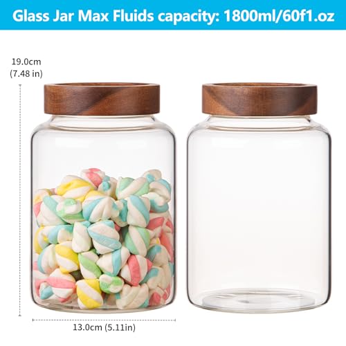 2 PCS Large Glass Jars with Wooden Airtight Lid 60 oz (1800ml/60oz-2PACK)