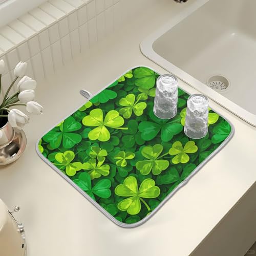Patricks Day Shamrocks Lucky Clover Leaves Dish Drying Mat for Kitchen Counter Absorbent Microfiber Small Drying Pad Dish Mats for Kitchen Countertops 16 x 18 Inch (18" x 16")