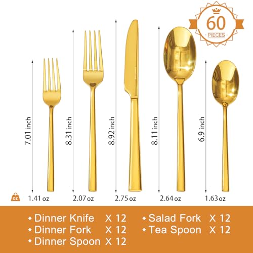 Gold Silverware Set for 12 (60-Piece / Gold)
