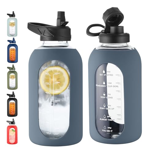 64 oz Glass Water Bottle with Straw (Smog Blue / 64 Ounces)
