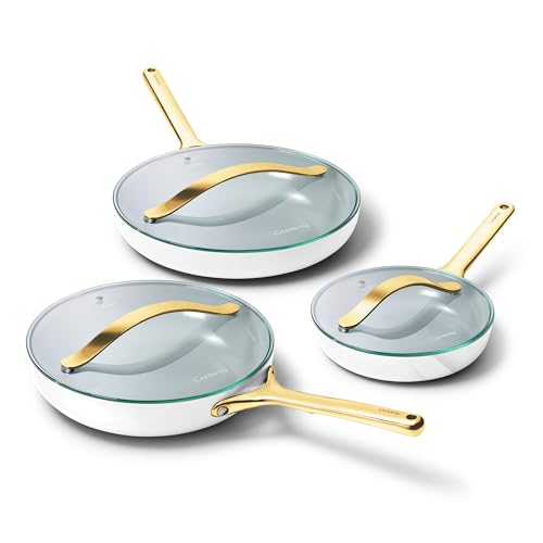 Carway Fry Pan Trio with Glass Lids (1x 8 IN, 1x 10 IN, & 1x 12 IN / White)
