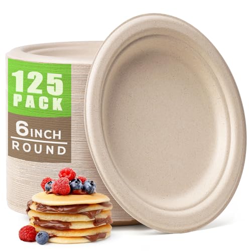 Compostable Small Paper Plates 6 Inch 125 Pack Dessert Plates (Brown / 6in 125pcs)
