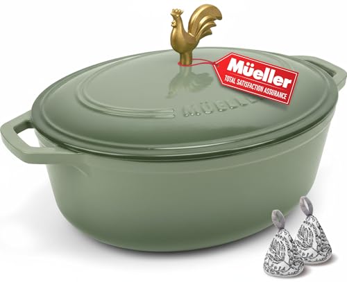 MUELLER HOME 5.5 Quart Enameled Cast Iron Oval Dutch Oven w Rooster Knob & Cotton Potholders (5.5 Quart -Oval / Thyme Green)