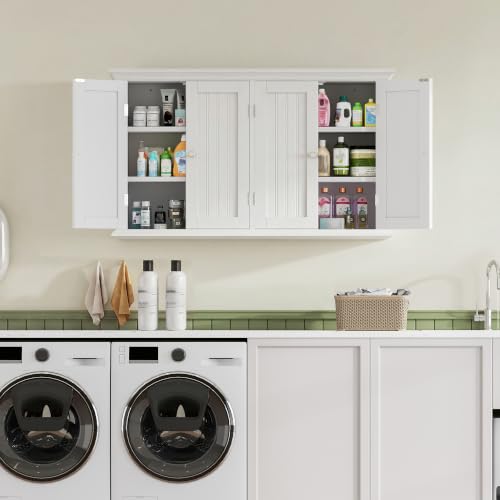 Laundry Cabinet with 4 Doors and Adjustable Shelves (White / 9.06"D x 40.94"W x 23.62"H)
