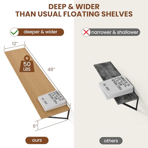 48W x 12D Deep Floating Shelves Set of 2 Oak (Oak With Black Metal Bracket / 48Wx12Dx5.8H)