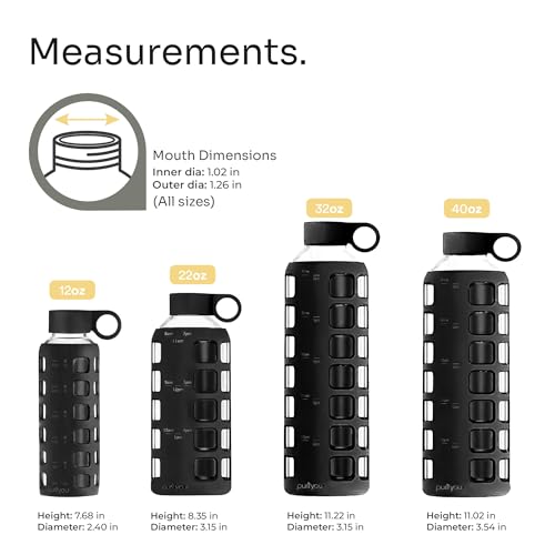 40oz / 32oz / 22oz / 12oz Borosilicate Glass Water Bottle with Time & Volume Markers, Silicone Sleeve, Stainless Steel Lid | Reusable Glass Bottle for Water & Juice (12oz Jet Black) (Jet Black (1 Count) / 12 Ounces)