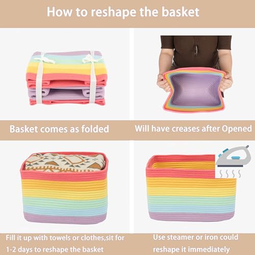 Woven Cotton Rope Storage Baskets 15x10x9.3" 3 Pack Rainbow (Rainbow red)