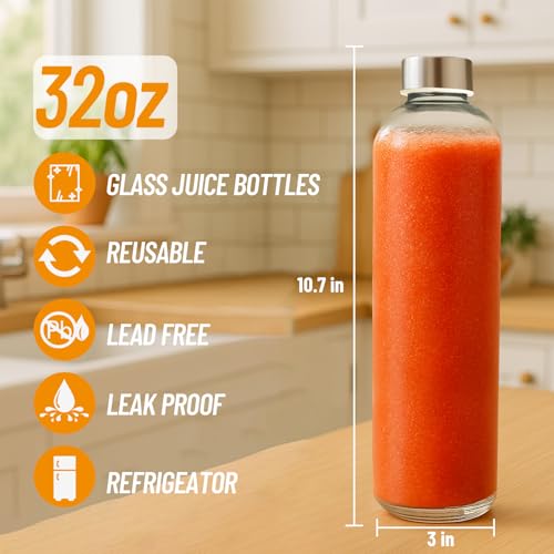 32 oz Clear Glass Water Bottles with Lids (Glass Bottle 3 Pack / 32 Ounces)