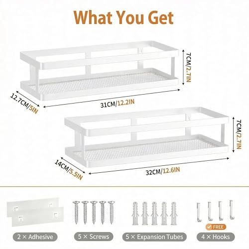 2 Pack Minimalist Shower Caddy Wall Mount (White / Minimalist Open (12.6" Wide))