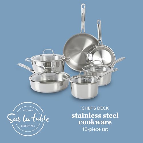 Kitchen Essentials Chef's Deck 10 Piece Stainless Steel Non Toxic Pots and Pans Kitchen Cookware Set w (Stainless Steel / 10-Piece Cookware Set)