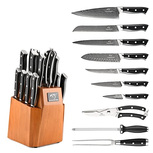 18PCS Damascus Japanese Kitchen Knife Set with Block (Black/Nature / 18 Pieces)