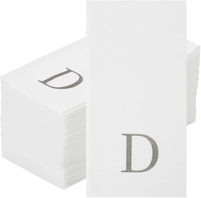 Luxenap 15.8 X 7.9 Inch Linen-Feel Guest Towels, 50 Lettered Hand Towels - Silver Letter 'D', Sans Serif Font, White Paper Dinner Napkins, airlaid, For Restrooms And Tables - Restaurantware