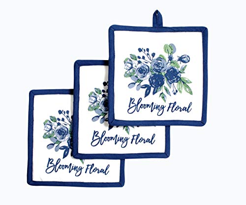 Pot Holders Heat Resistant Cotton Set of 3 Nonslip 8"x8" Inch Hot Pads for Kitchen (8x8 inches / Blooming Floral)