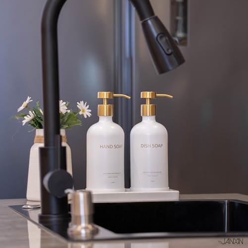 Glass Kitchen Soap Dispenser Set with Ceramic Tray (White Bottles + Gold Pumps)