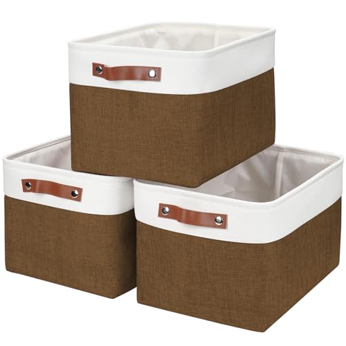 Storage Bins Large Fabric Storage Baskets for Shelves 3 Pack (Brown / Off-White / Large -15"x11"x9.5")