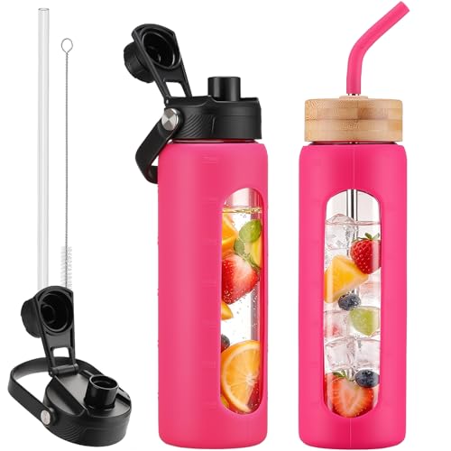 24 oz Glass Water Bottle with Straw and 2 Lids (Rose Red / 24 Ounces)