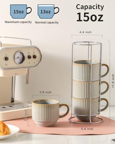 Coffee Mug Ceramic Set of 4 with Stand (Lavender Gray / 15 Ounces)