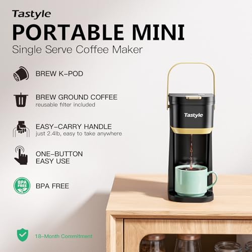 Mini Single Serve Coffee Maker for K Cups and Grounds with Handle (Black and Gold)