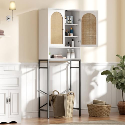 Rattan Over Toilet Storage Cabinet with Metal Stand (White)