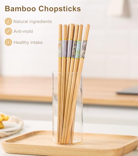 10Pairs Bamboo Chopstick Reusable Wooden Chop Sticks Washable Chinese Style 9.5Inch (Style 2 - 10 Pairs - 9.5 inches)