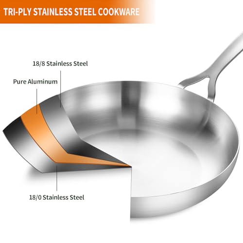 Tri Ply Stainless Steel Frying Pan Set 10" 12" with Lid Skillet (Silver)