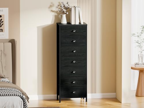 Black Bedroom Dresser (Black Oak / 11.8"D x 15.8"W x 43.3"H (7 Drawers))