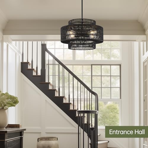 17.7" Black Rattan Chandelier for Dining Room (Black / 17.7" 4-Light)