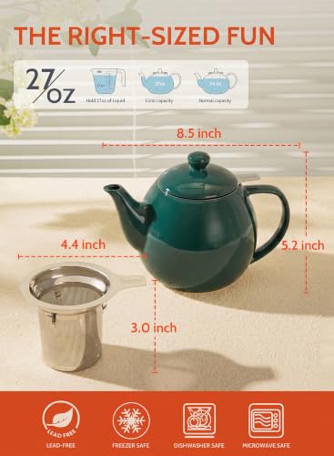 Porcelain Teapot 27 oz with Infuser for Loose Leaf Tea (Sage Green / 27oz (with infuser))