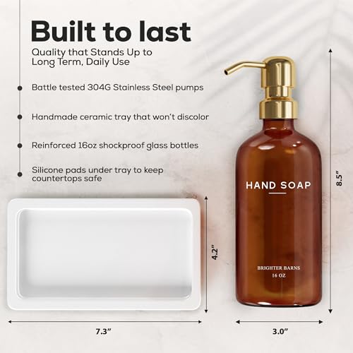 Luxury Glass Soap and Lotion Dispenser Set with Tray by Brighter Barns (Amber/Gold Sl)