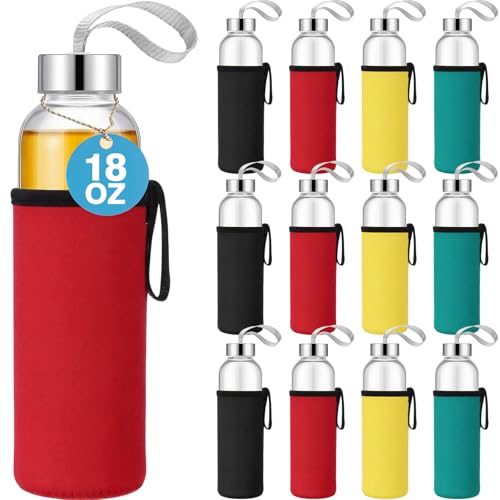 12 Pack Glass Water Bottles with Sleeves (Stylish / Multicolored)