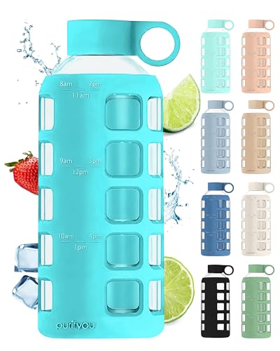 40oz / 32oz / 22oz / 12oz Borosilicate Glass Water Bottle with Time & Volume Markers, Silicone Sleeve, Stainless Steel Lid | Reusable Glass Bottle for Water & Juice (22oz Aqua Blue) (Aqua Blue (1 Count) / 22 Ounces)