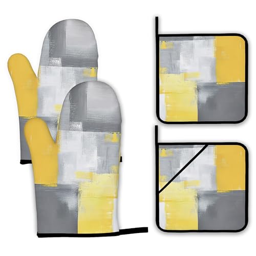 Yellow Gray Modern Art Oven Mitts and Pot Holders (4 Count)