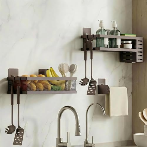 5-in-1 Shower Caddy & Kitchen Organizer Set, Wall Mount Wide Spice Rack with Paper Towel Holder, Utensil Holder, Soap Dish, Rustproof Mesh Baskets Hold 50LBS - Vintage Bronze, Guardrail (Vintage Bronze / 5-in-1 Minimalist (12.6" Wide))