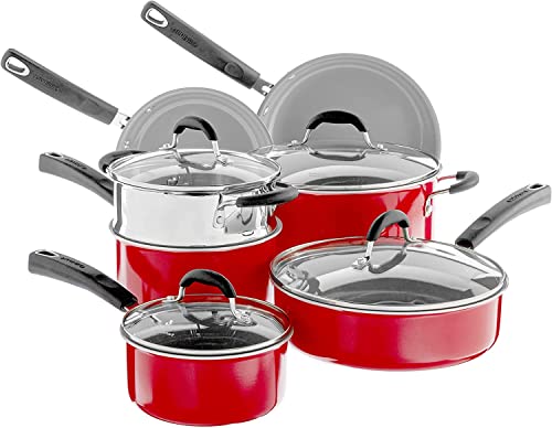 54C-11R 11-Piece Ceramica XT Nonstick Cookware Set, Red/Stainless Steel (Red w/Grey Interior / Cookware Set)